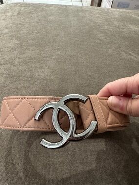CHANEL Beige Quilted Leather Belt with Silver CC Buckle